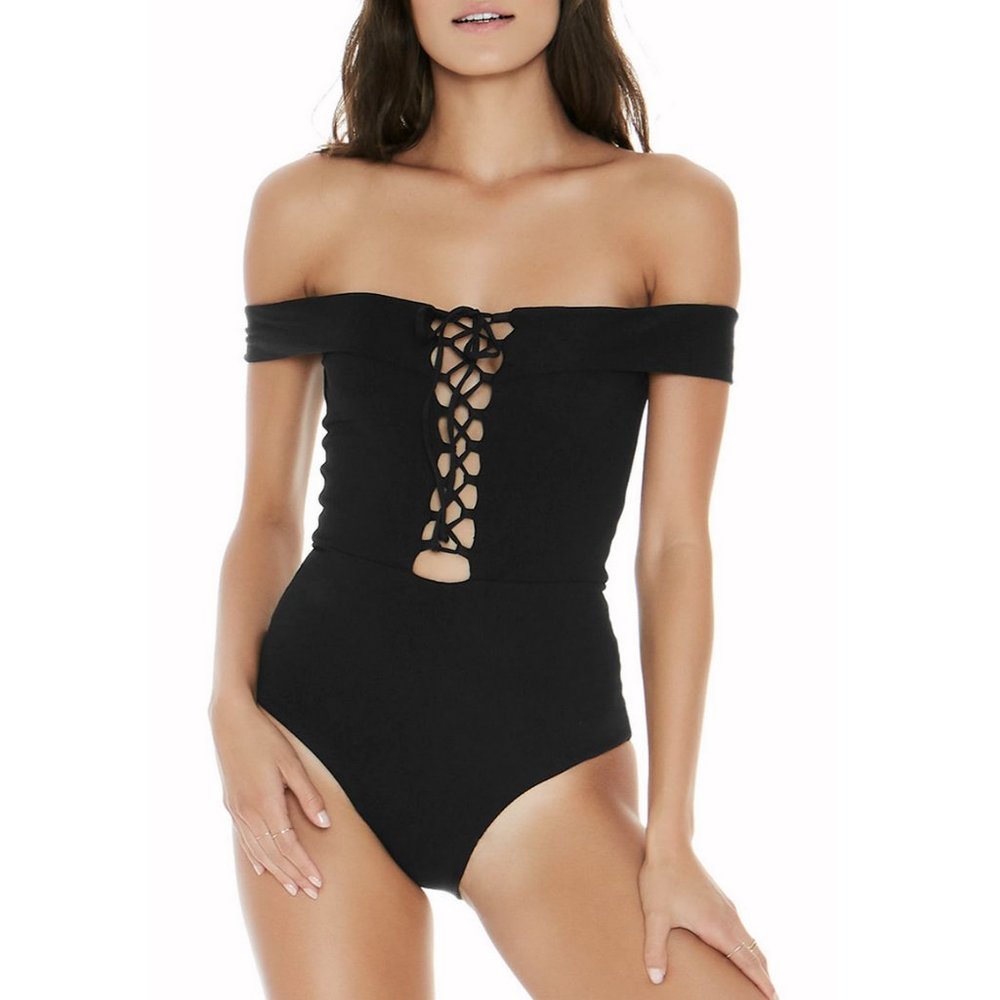 L*SPACE OFF-THE-SHOULDER BLACK RIBBED LACE-UP ANJA ONE PIECE BANDEAU SWIMSUIT - Picture 5 of 5